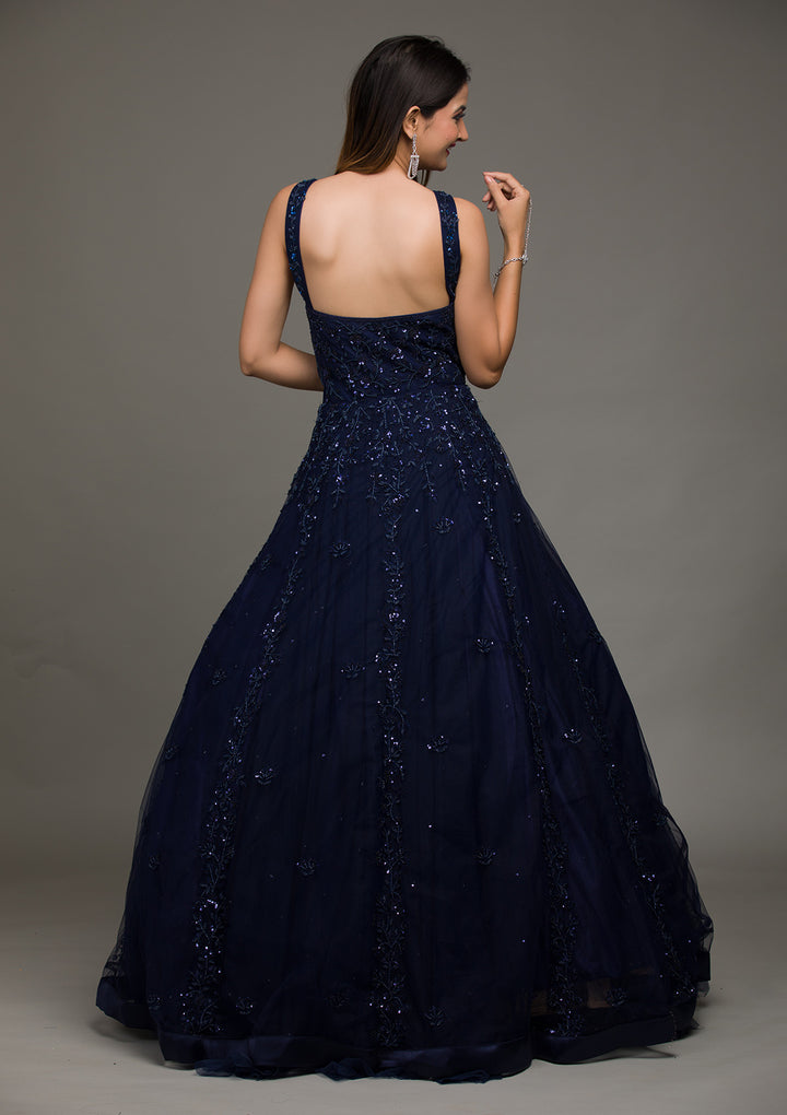 Navy Blue Sequins Raw Silk Gown-Koskii