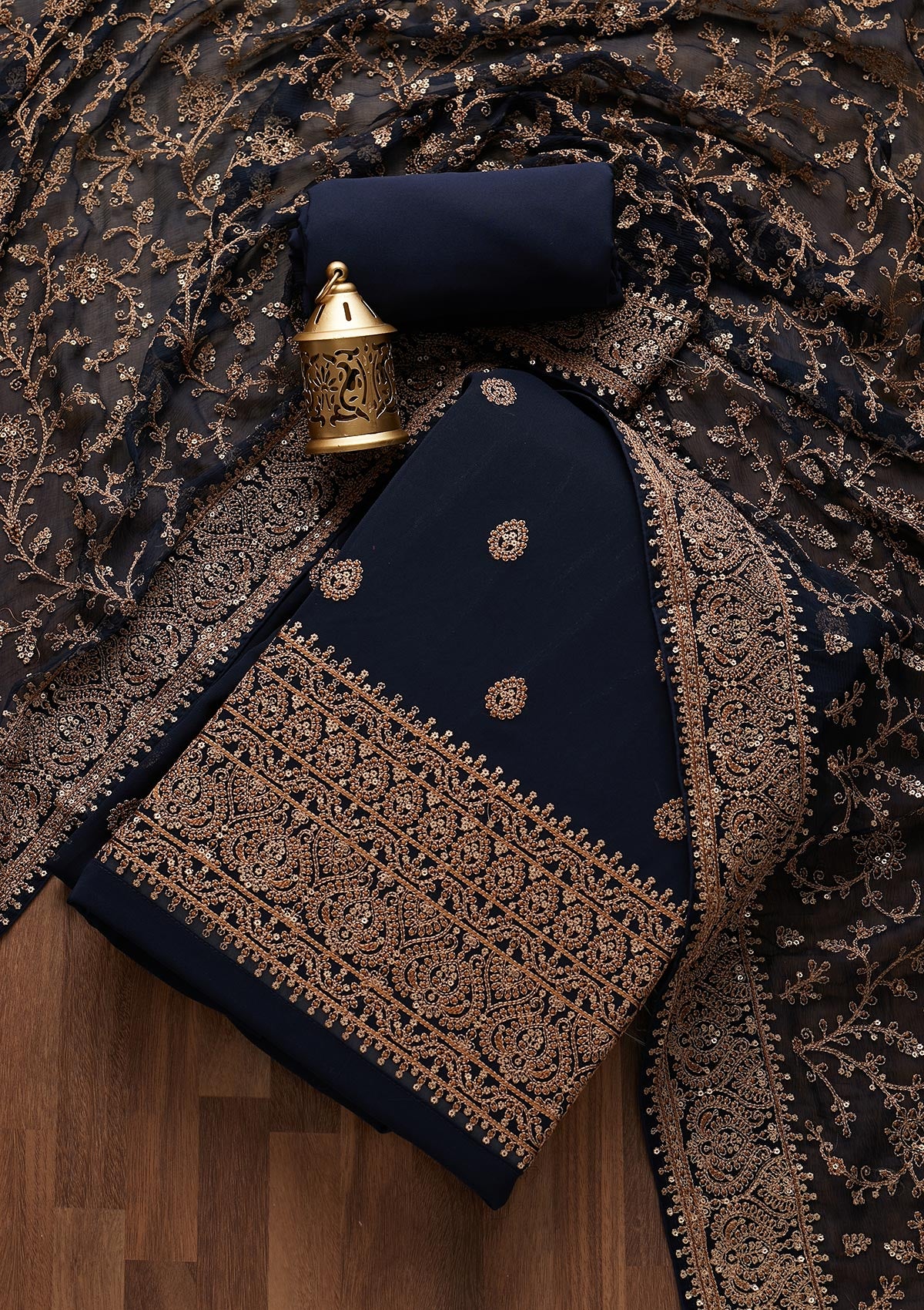 Buy Navy Blue Threadwork Georgette Unstitched Salwar Suit Koskii