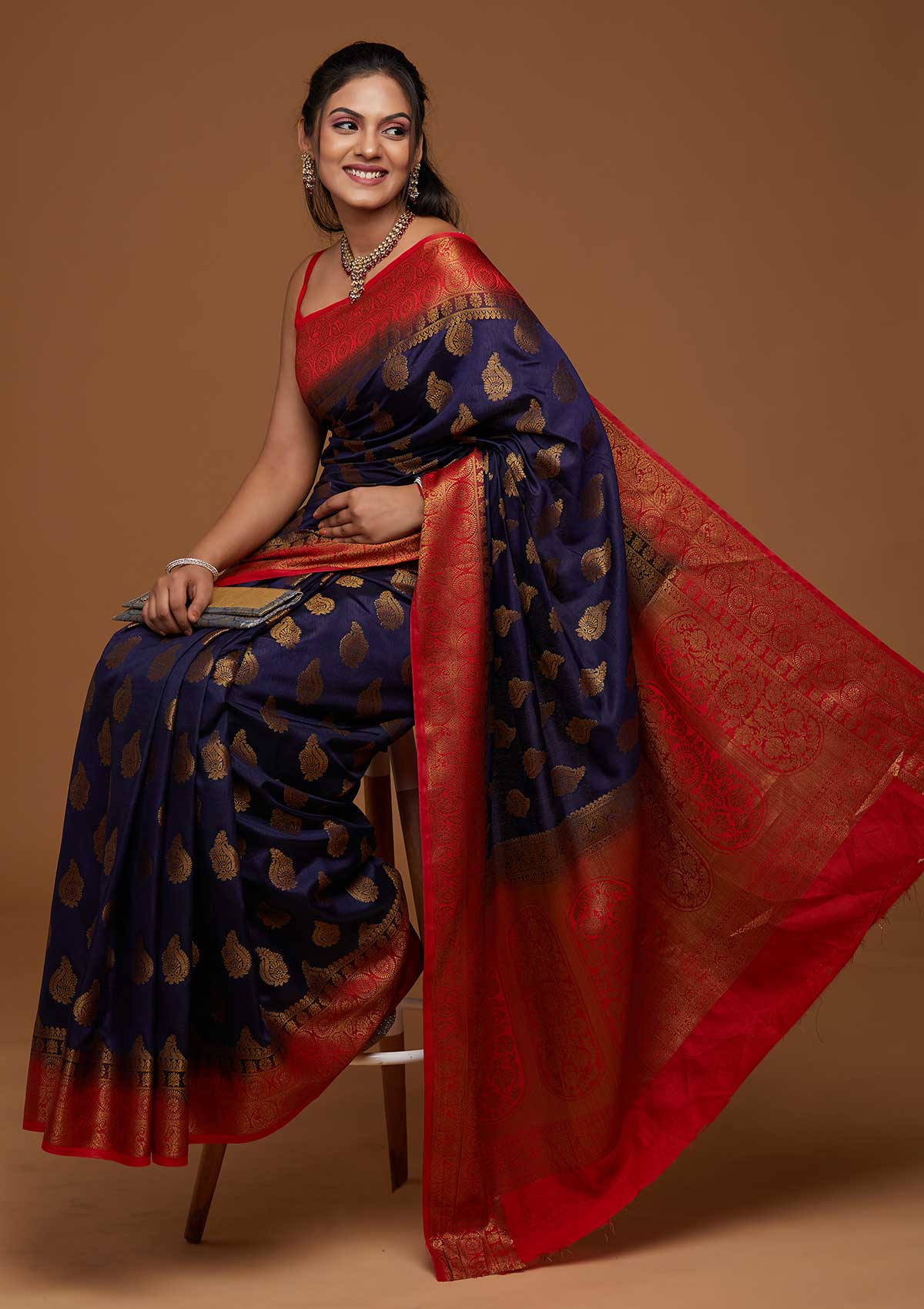 Buy Navy Blue Zariwork Banarasi Saree Koskii