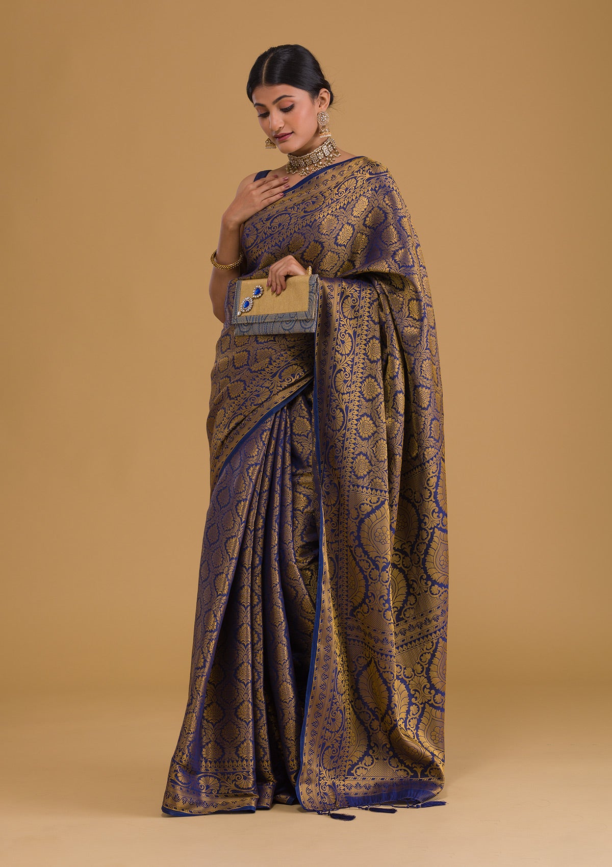 Navy Blue Zariwork Banarasi Silk Designer Saree-Koskii