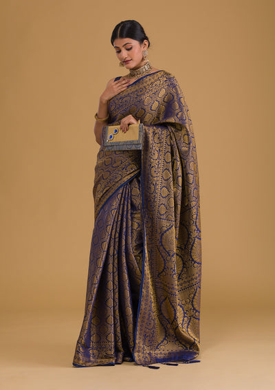 Navy Blue Zariwork Banarasi Silk Designer Saree-Koskii