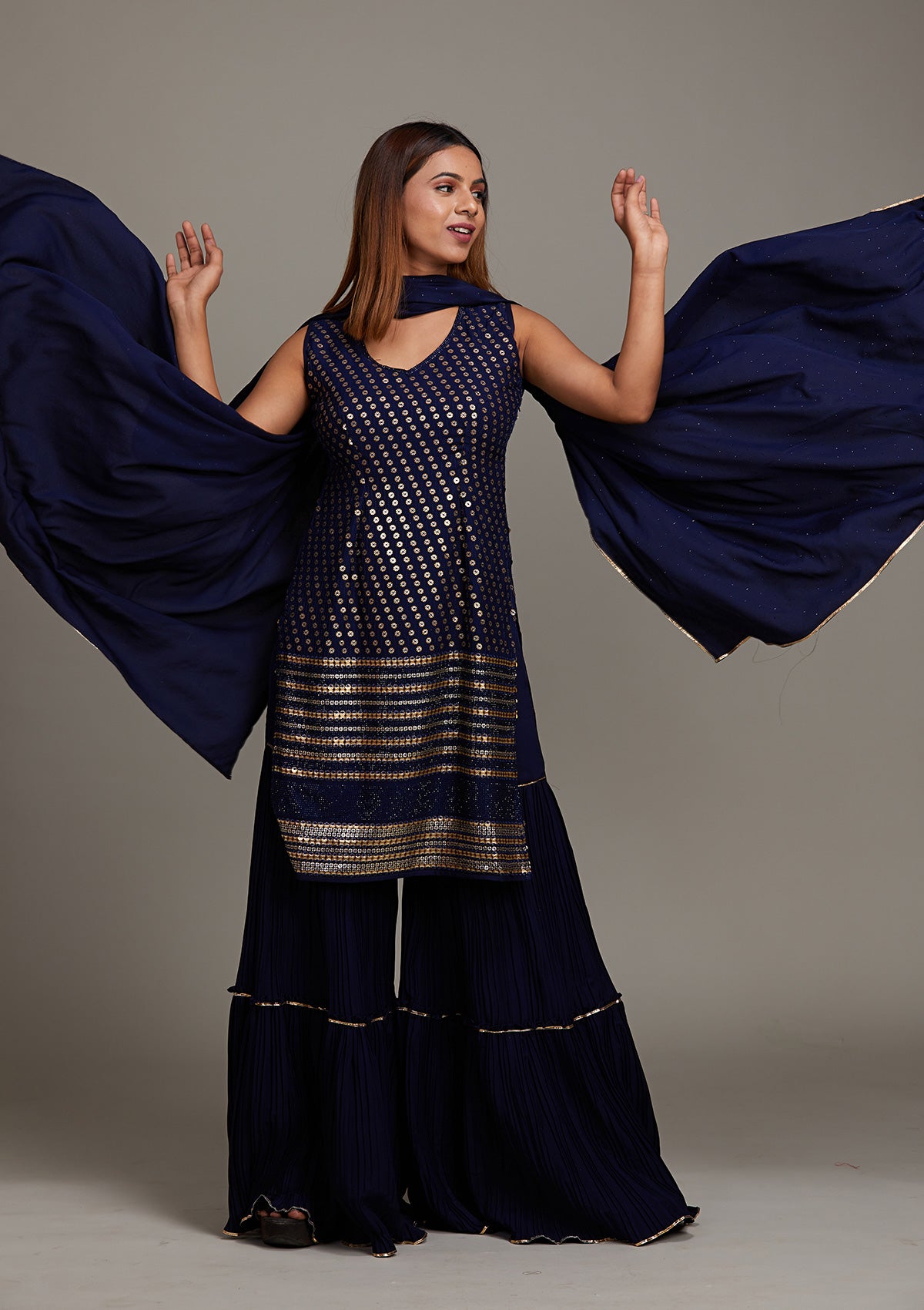 Buy Navy Blue Sequins Semi Crepe Sharara Suit Koskii