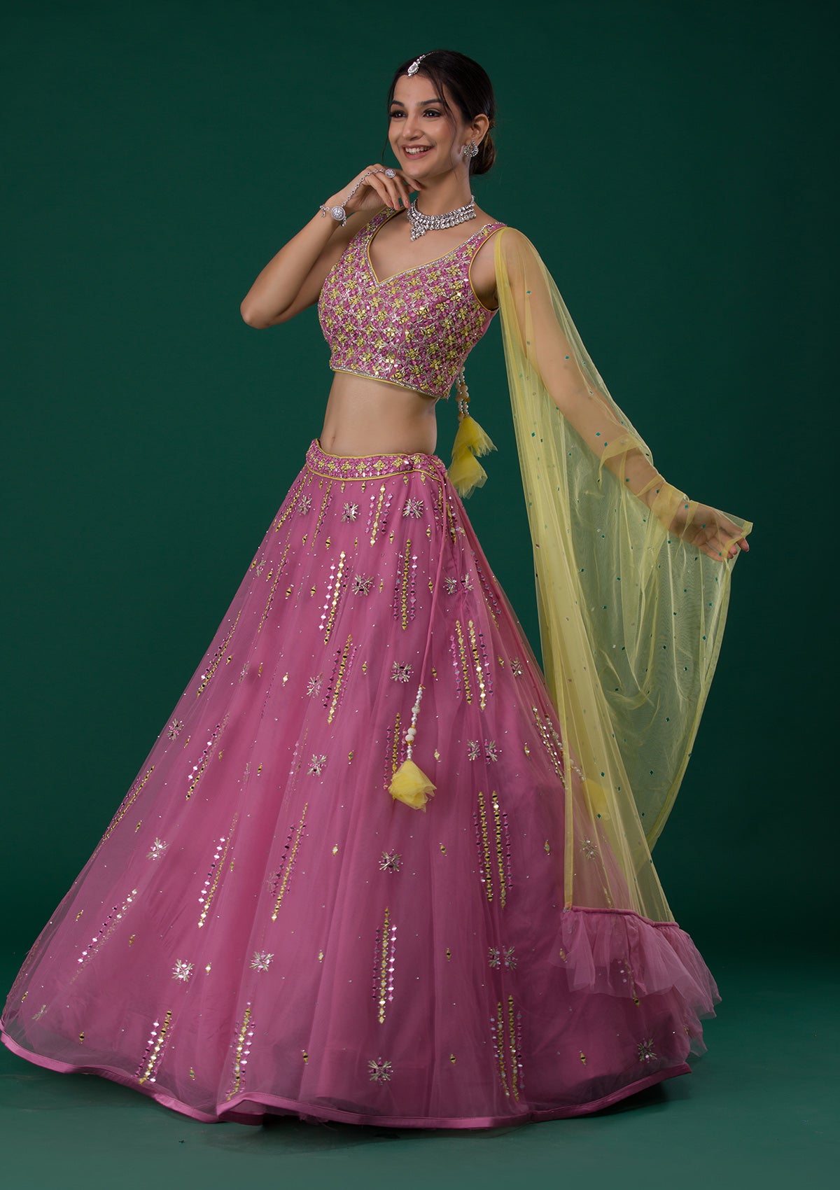 Buy Onion Pink Mirrorwork Net Readymade Lehenga - Koskii