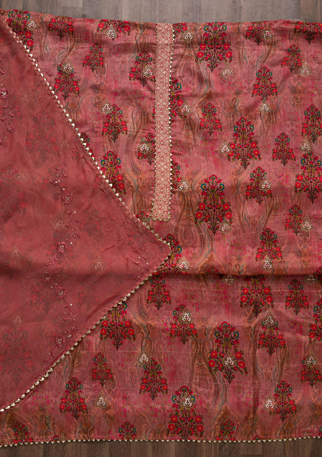 Onion Pink Printed Semi Crepe Unstitched Salwar Suit-Koskii