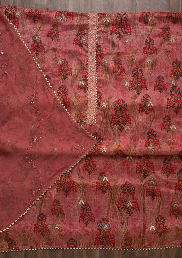Onion Pink Printed Semi Crepe Unstitched Salwar Suit-Koskii