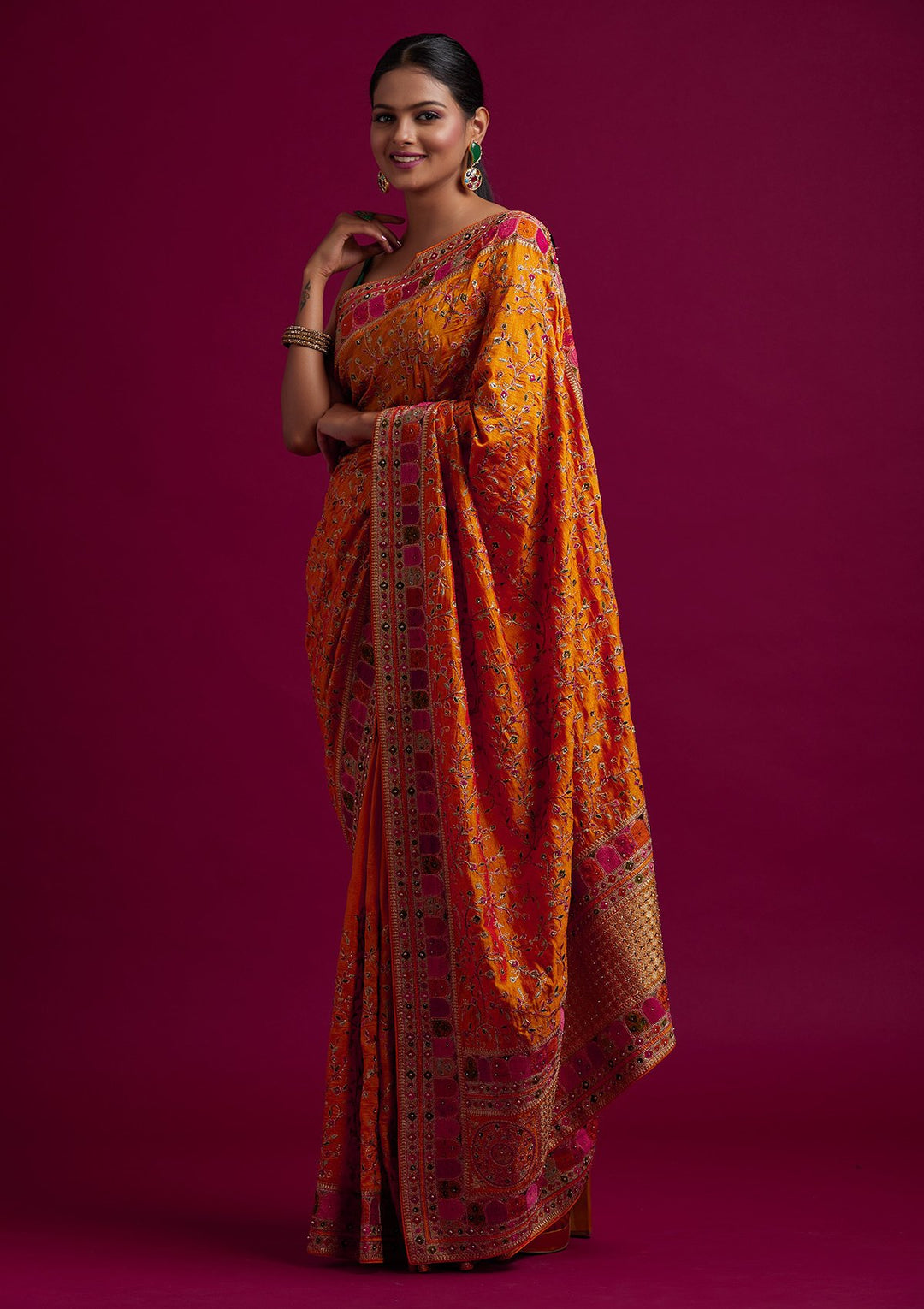 Orange Zariwork Art Silk Designer Saree - koskii