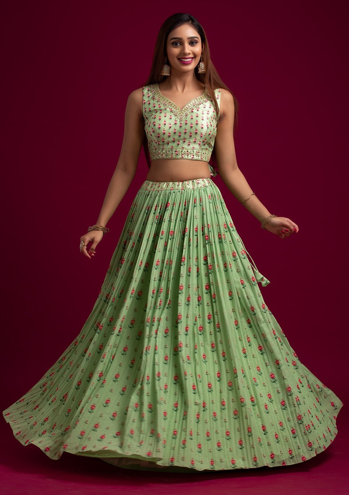 Parrot Green Mirrorwork Georgette Readymade Lehenga