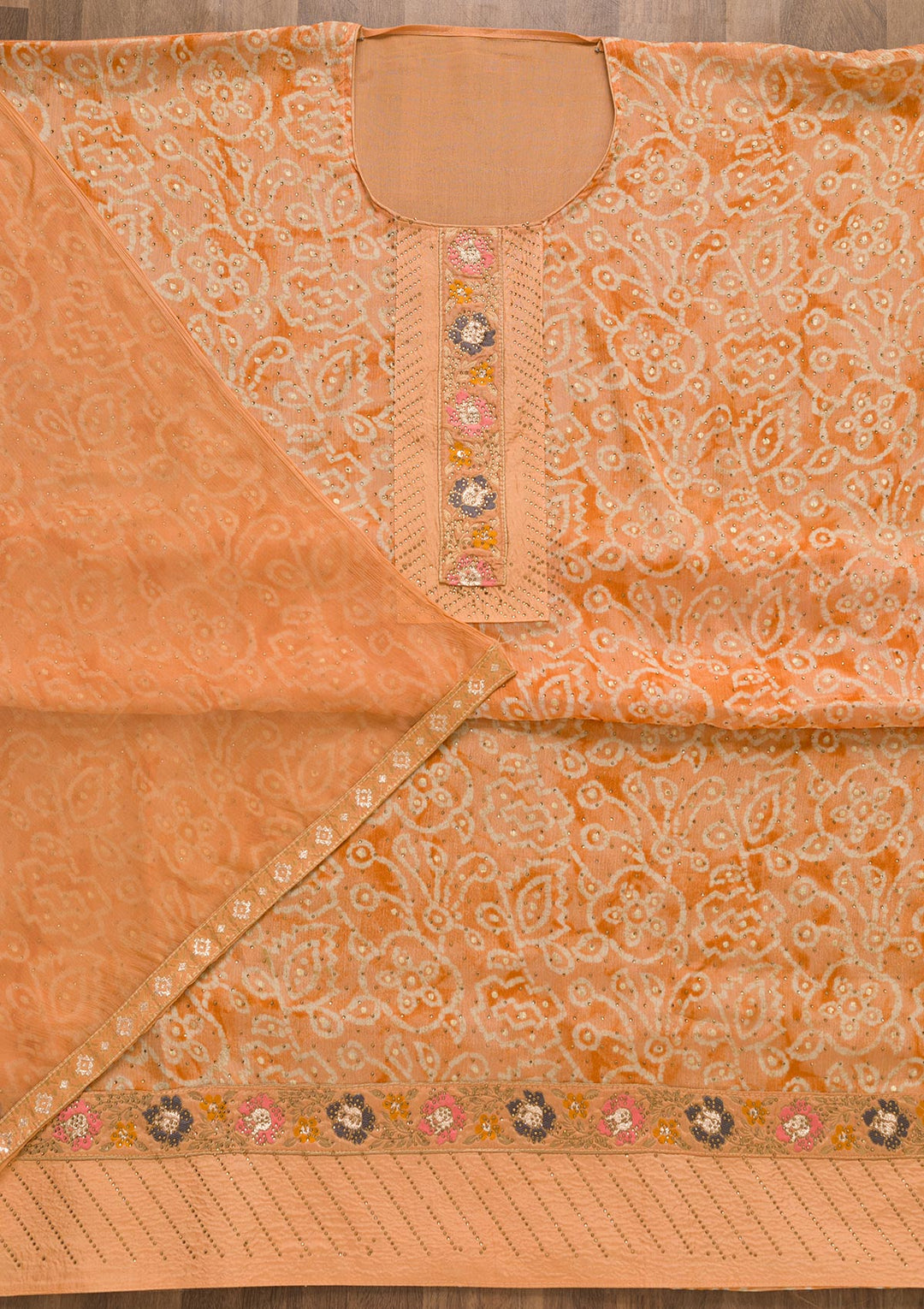 Peach Semi Crepe Swarovski Unstitched Salwar Suit-Koskii
