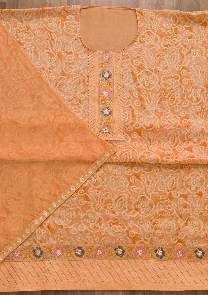 Peach Semi Crepe Swarovski Unstitched Salwar Suit-Koskii
