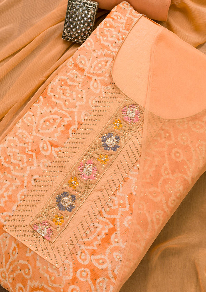 Peach Semi Crepe Swarovski Unstitched Salwar Suit-Koskii