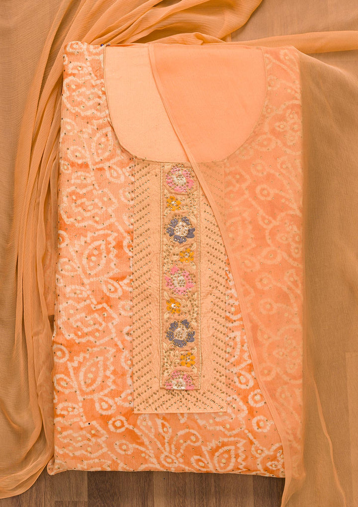 Peach Semi Crepe Swarovski Unstitched Salwar Suit-Koskii