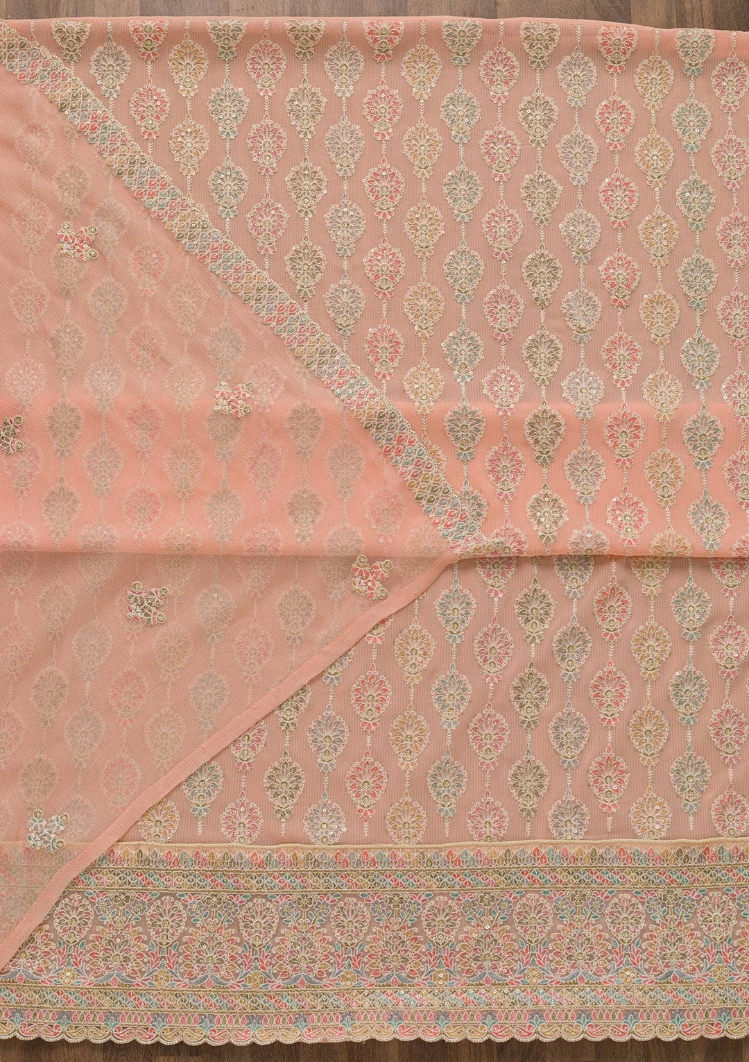 Peach Threadwork Georgette Unstitched Salwar Suit-Koskii