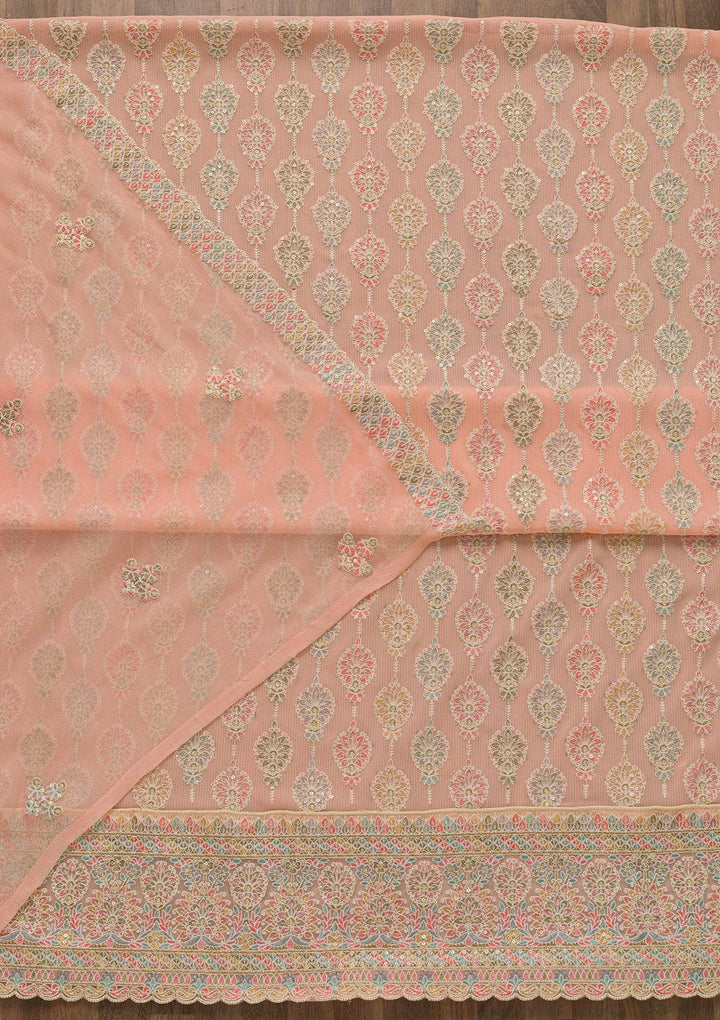 Peach Threadwork Georgette Unstitched Salwar Suit-Koskii