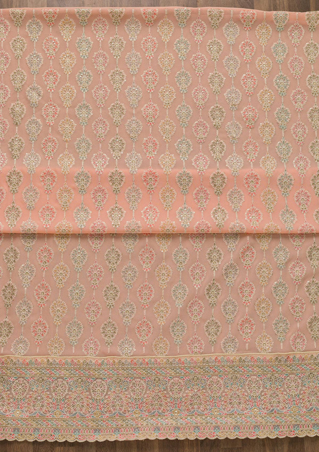Peach Threadwork Georgette Unstitched Salwar Suit-Koskii