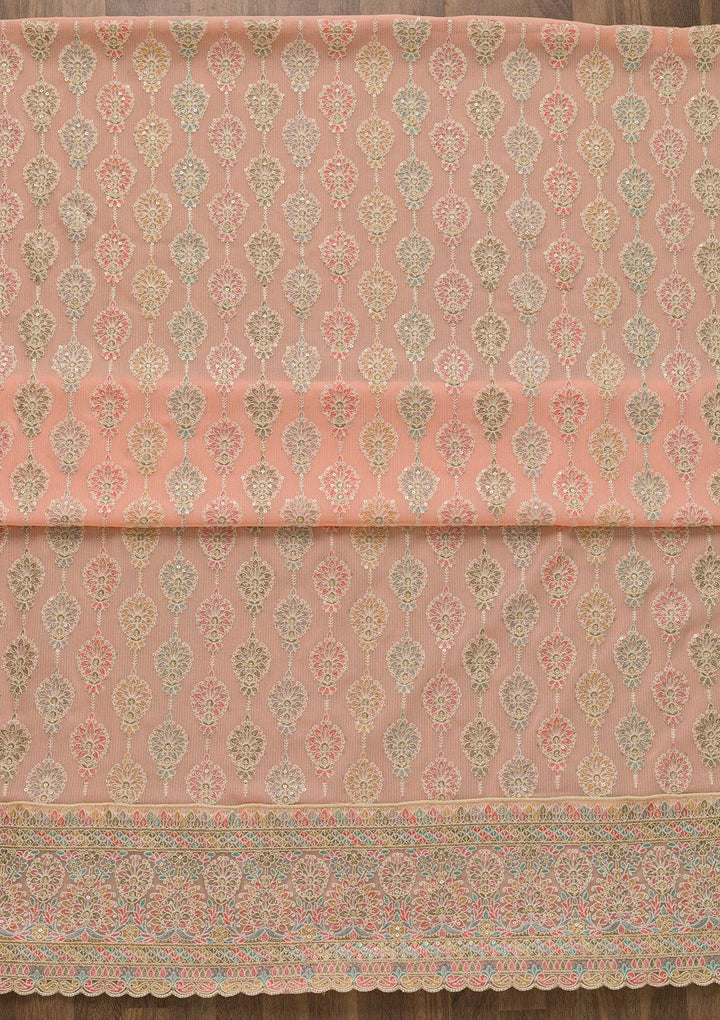 Peach Threadwork Georgette Unstitched Salwar Suit-Koskii