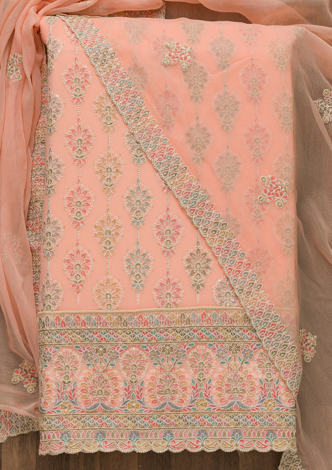 Peach Threadwork Georgette Unstitched Salwar Suit-Koskii