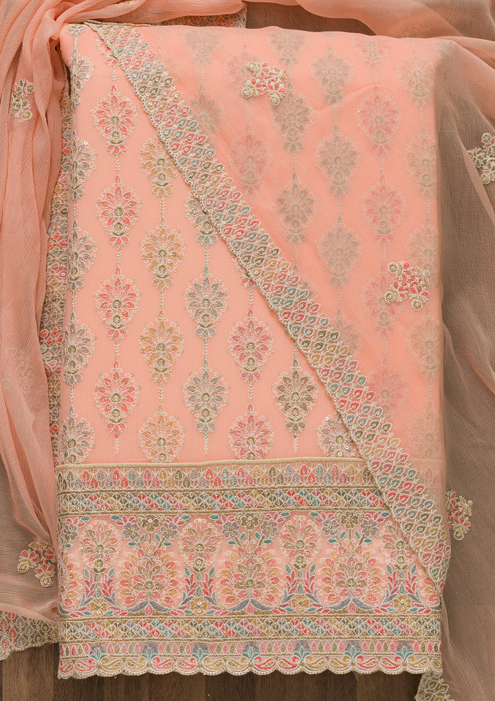 Peach Threadwork Georgette Unstitched Salwar Suit-Koskii
