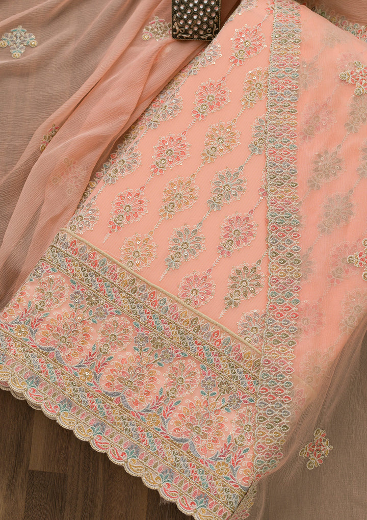 Peach Threadwork Georgette Unstitched Salwar Suit-Koskii