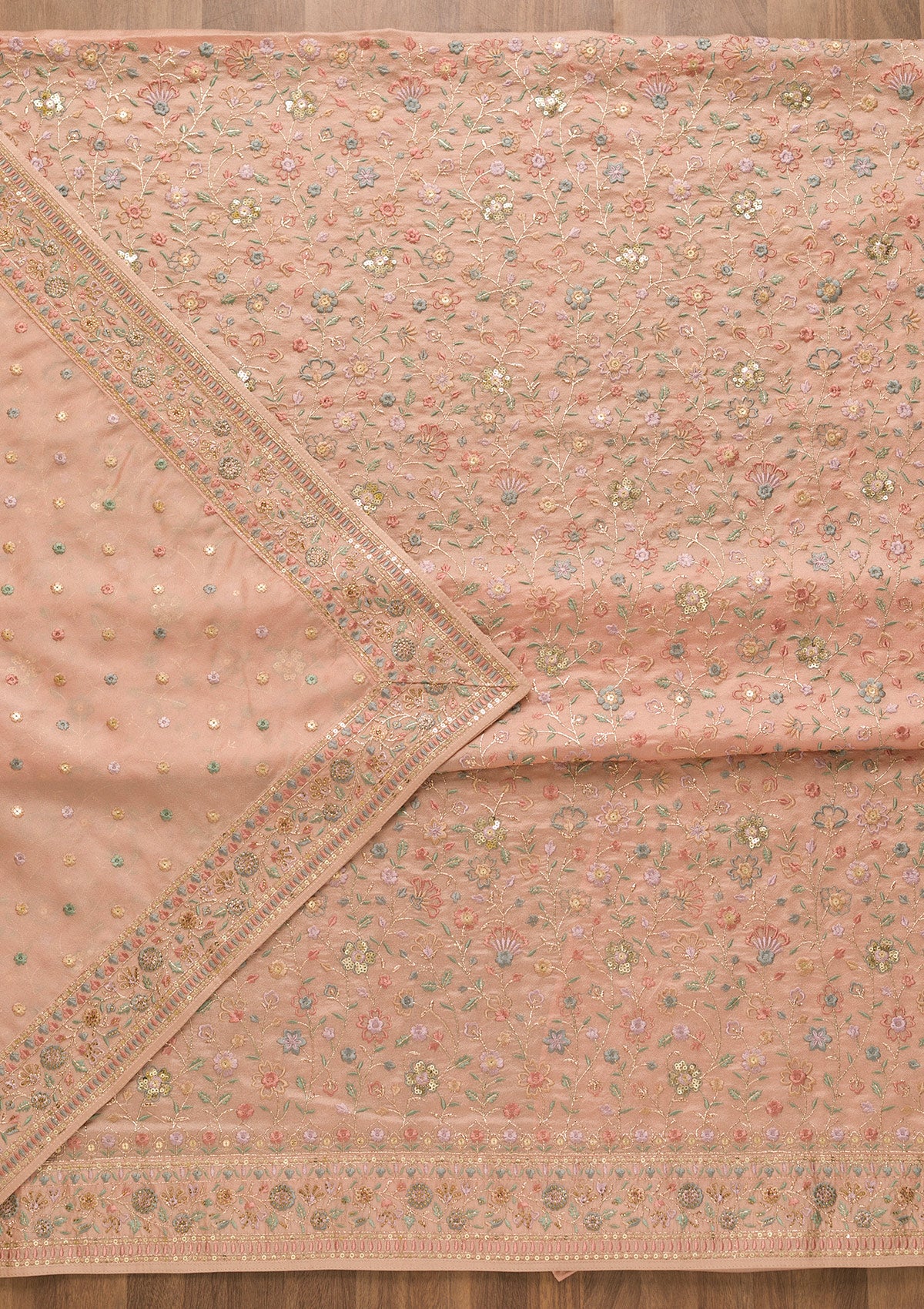 Peach Threadwork Crepe Unstitched Salwar Suit-Koskii