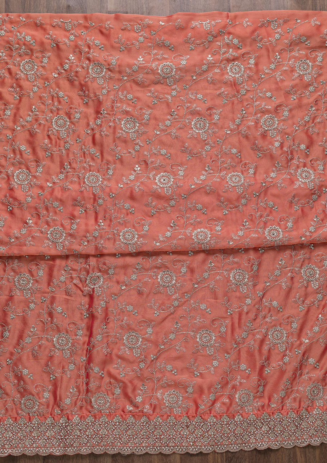 Peach Zariwork Satin Unstitched Salwar Suit-Koskii
