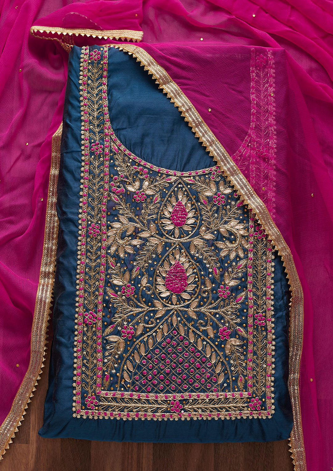 Peacock Blue Gotapatti Art Silk Designer Unstitched Salwar Suit - Koskii