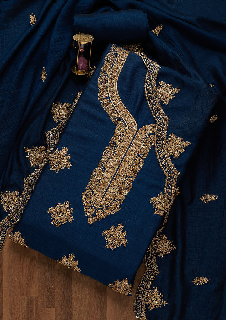 Peacock Blue Stonework Raw Silk Unstitched Salwar Suit-Koskii