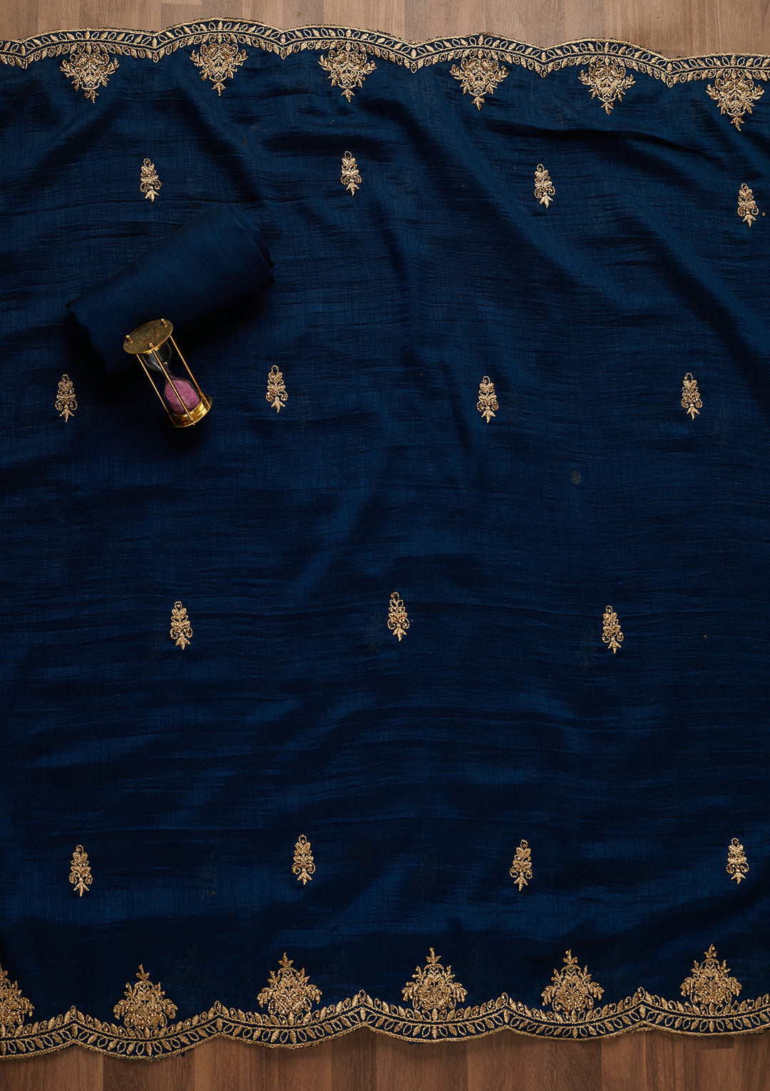Peacock Blue Stonework Raw Silk Unstitched Salwar Suit-Koskii