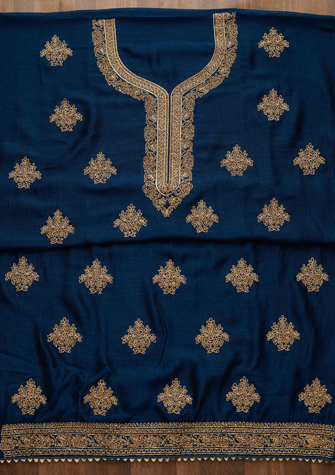 Peacock Blue Stonework Raw Silk Unstitched Salwar Suit-Koskii