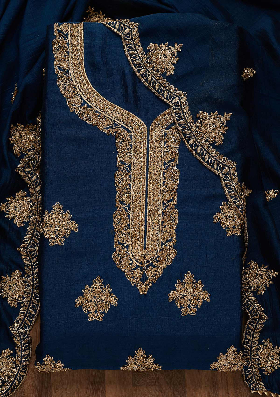 Peacock Blue Stonework Raw Silk Unstitched Salwar Suit-Koskii