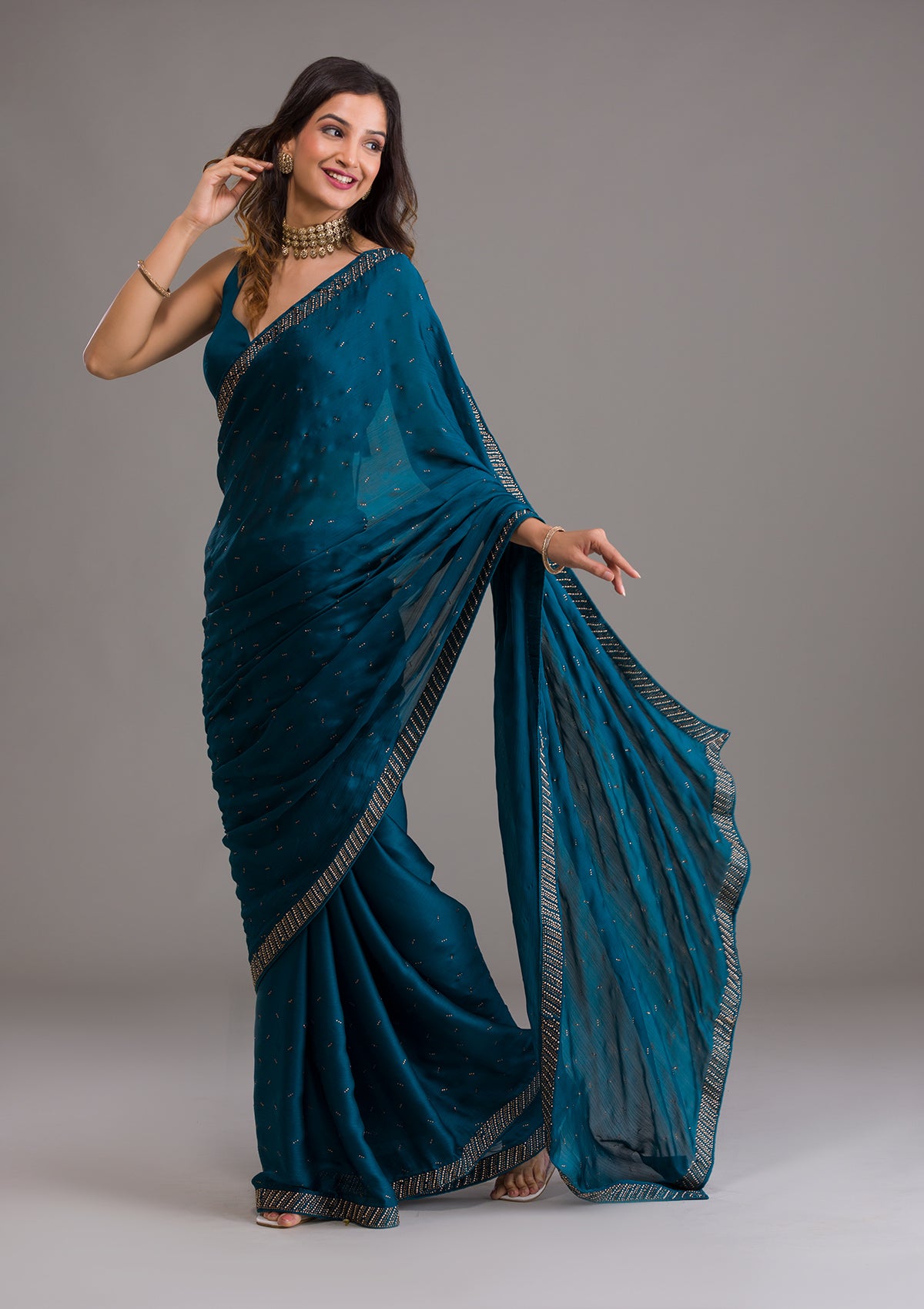 Buy Peacock Blue Swarovski Semi Crepe Saree - Koskii