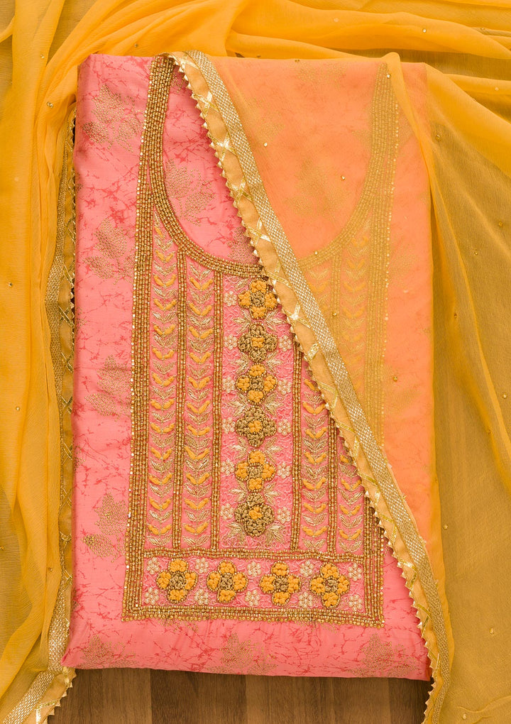 Pink Pearlwork Poly Chanderi Unstitched Salwar Suit-Koskii
