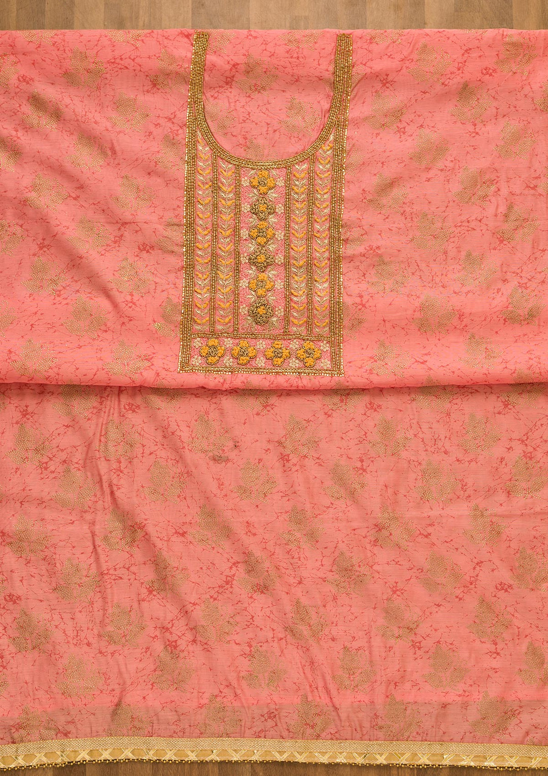 Pink Pearlwork Poly Chanderi Unstitched Salwar Suit-Koskii