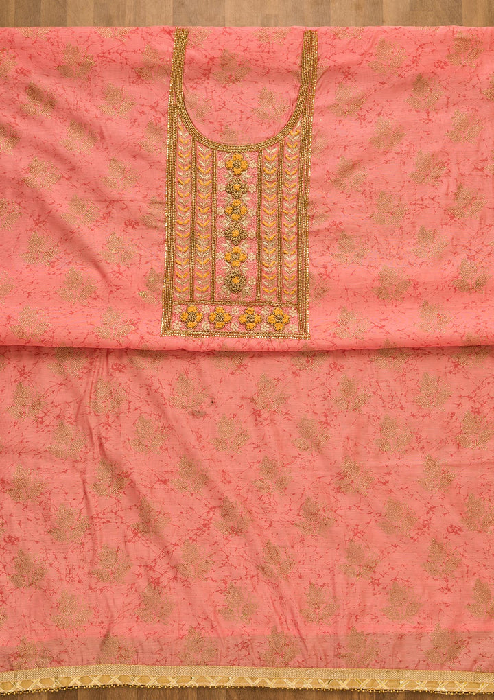 Pink Pearlwork Poly Chanderi Unstitched Salwar Suit-Koskii