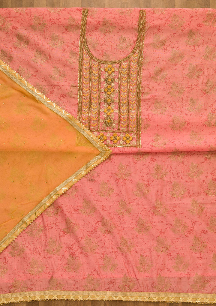 Pink Pearlwork Poly Chanderi Unstitched Salwar Suit-Koskii