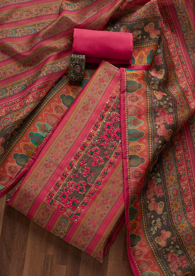 Pink Threadwork Chanderi Unstitched Salwar Suit- Koskii
