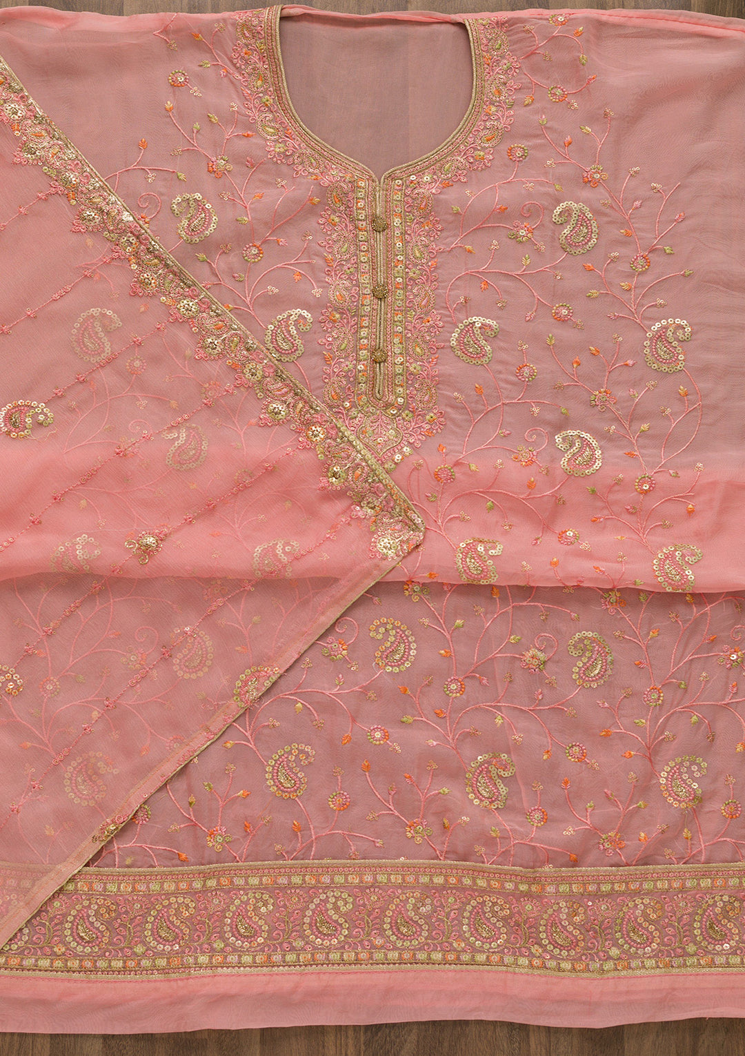 Pink Threadwork Georgette Unstitched Salwar Suit-Koskii