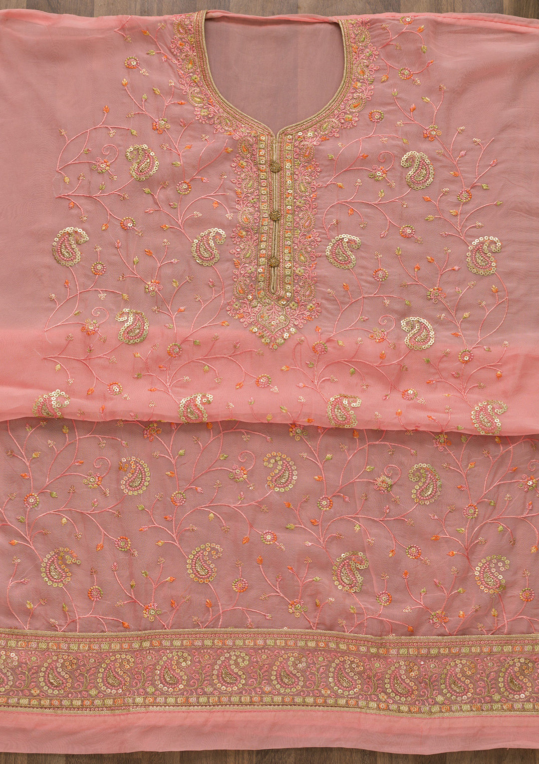 Pink Threadwork Georgette Unstitched Salwar Suit-Koskii