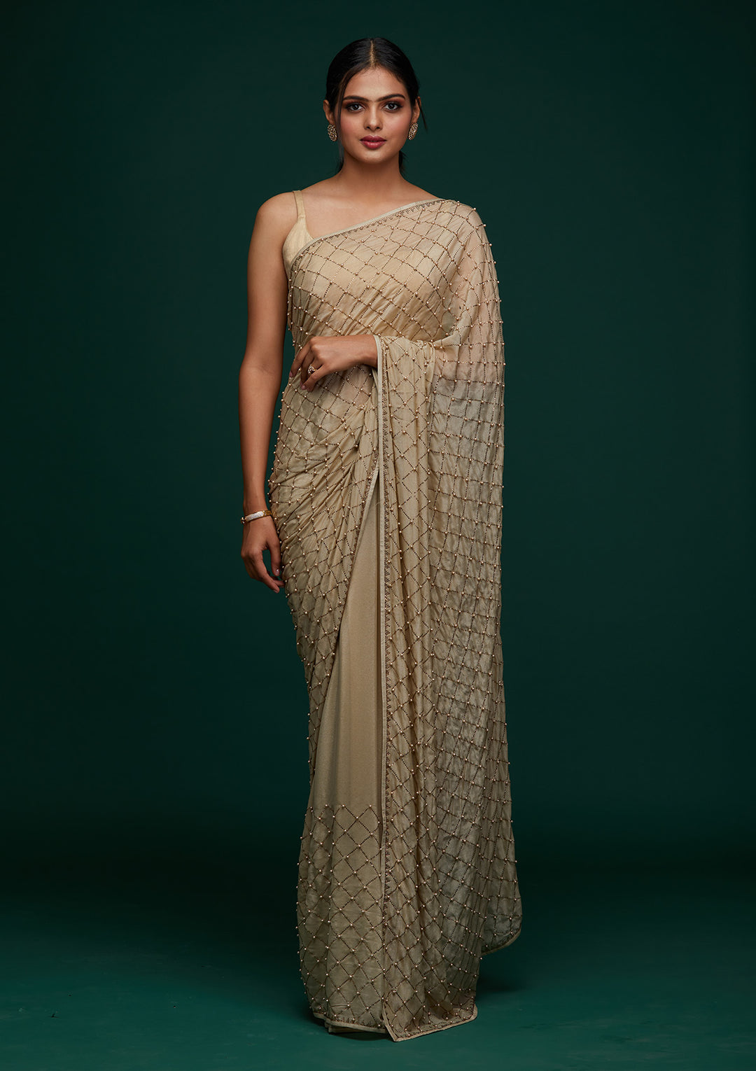 Pista Green Swarovski Shimmer Designer Saree - Koskii
