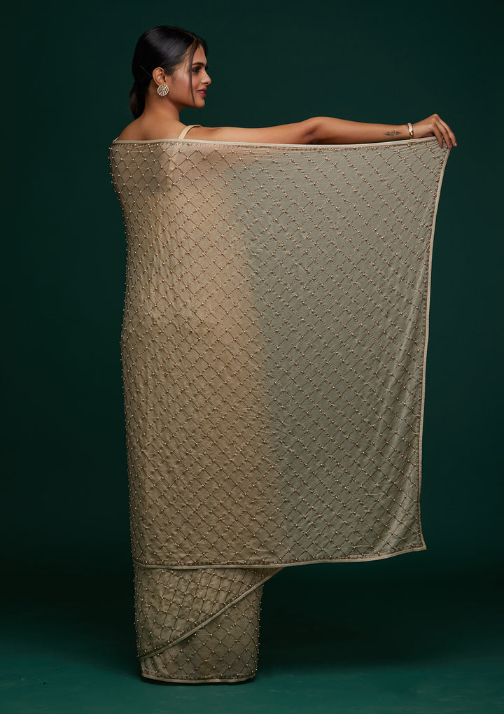 Pista Green Swarovski Shimmer Designer Saree - Koskii