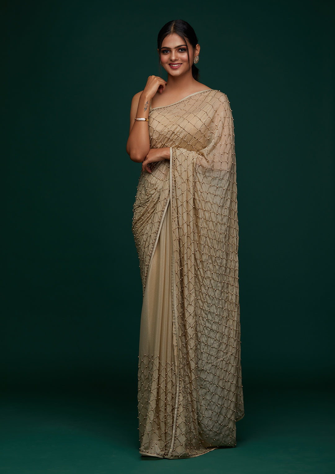 Pista Green Swarovski Shimmer Designer Saree - Koskii