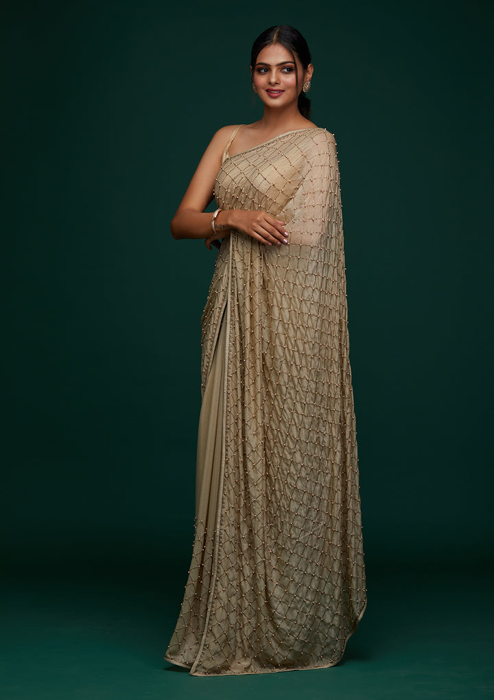 Pista Green Swarovski Shimmer Designer Saree - Koskii