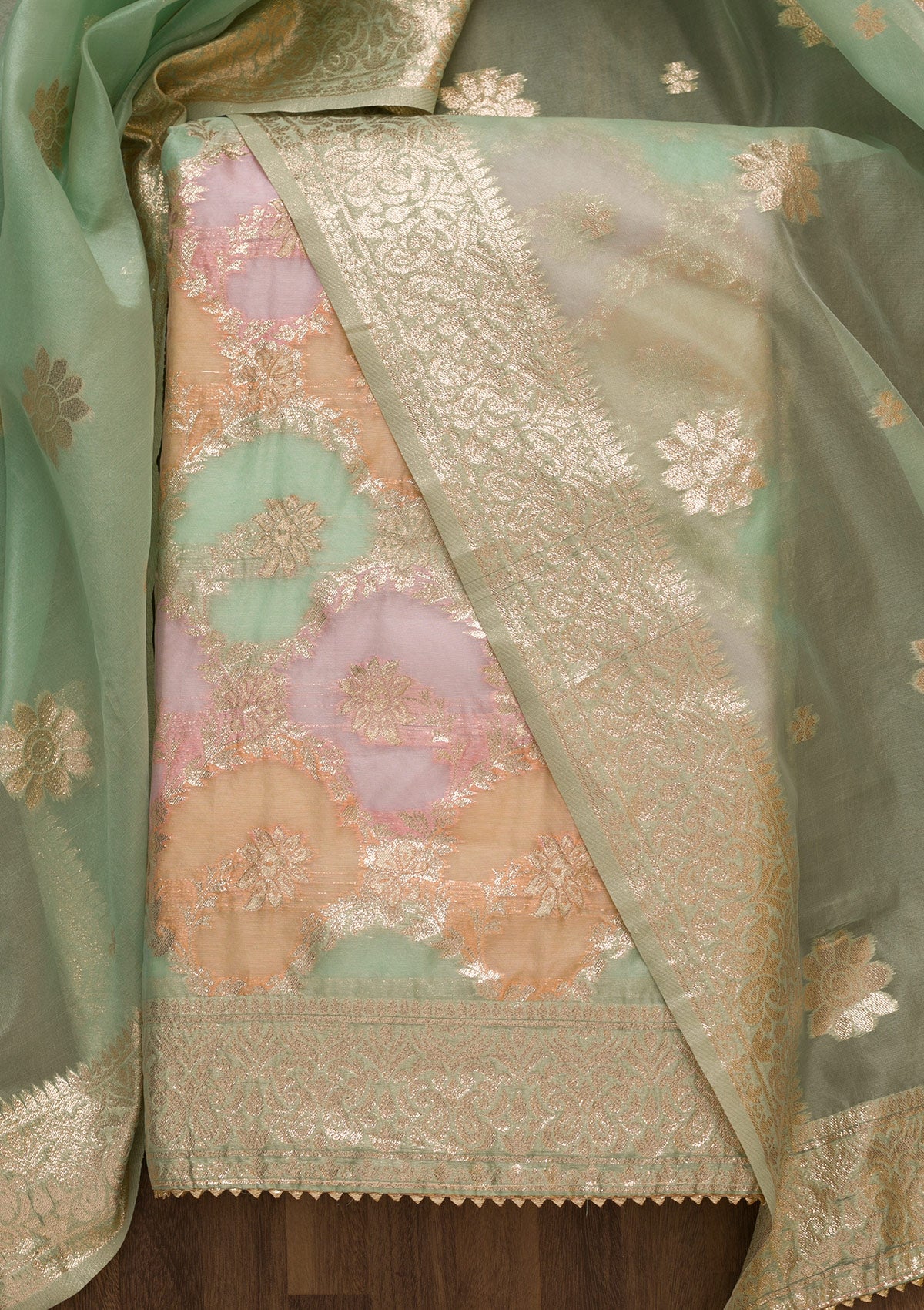 Pista Green Zariwork Banarasi Silk Unstitched Salwar Suit-Koskii