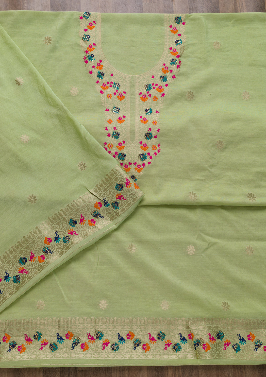 Pista Green Zariwork Cotton Unstitched Salwar Suit-Koskii