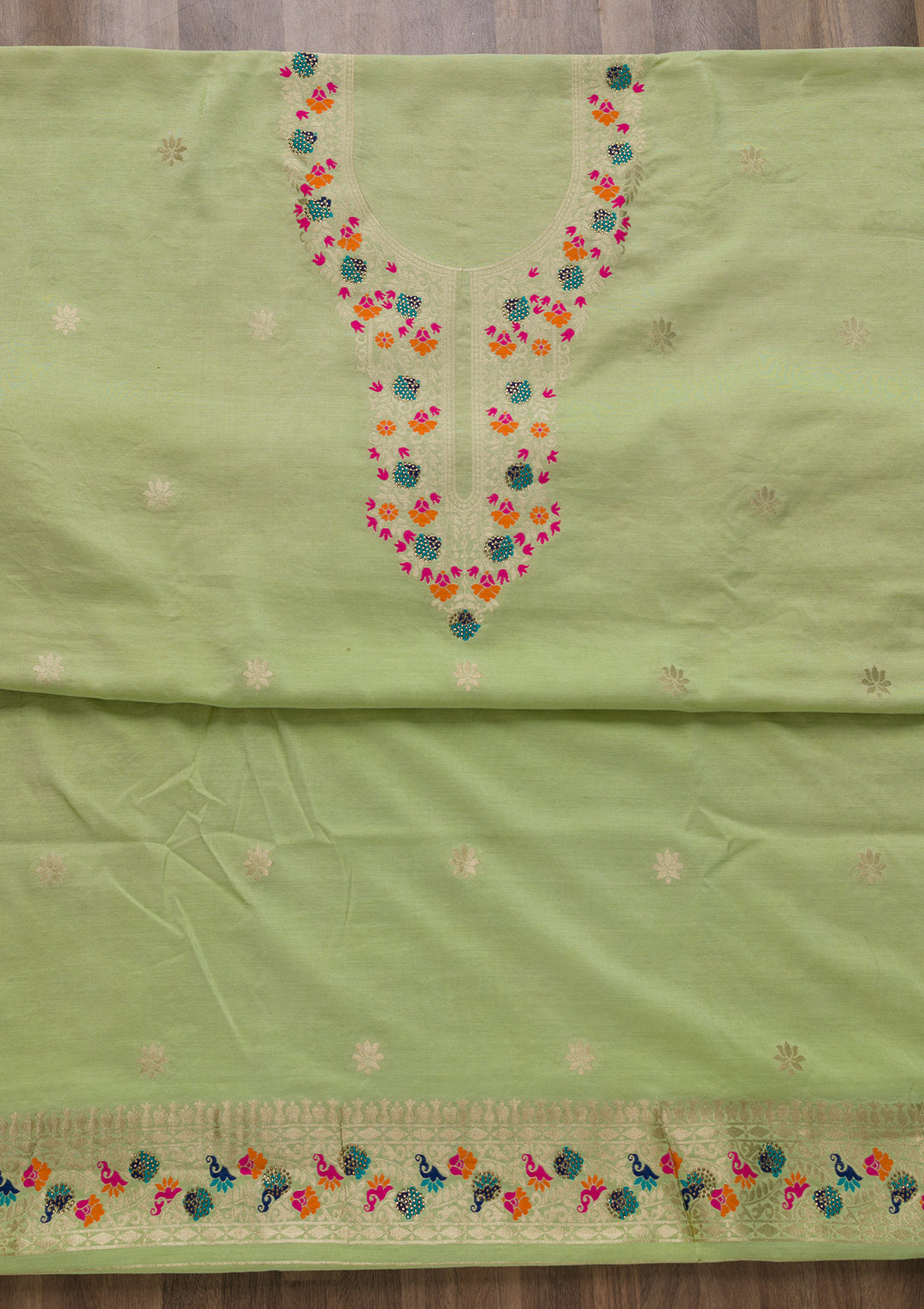 Pista Green Zariwork Cotton Unstitched Salwar Suit-Koskii