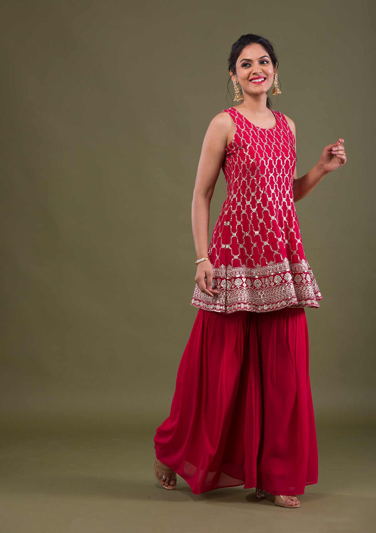 Rani Pink Sequins Georgette Readymade Salwar Suit-Koskii