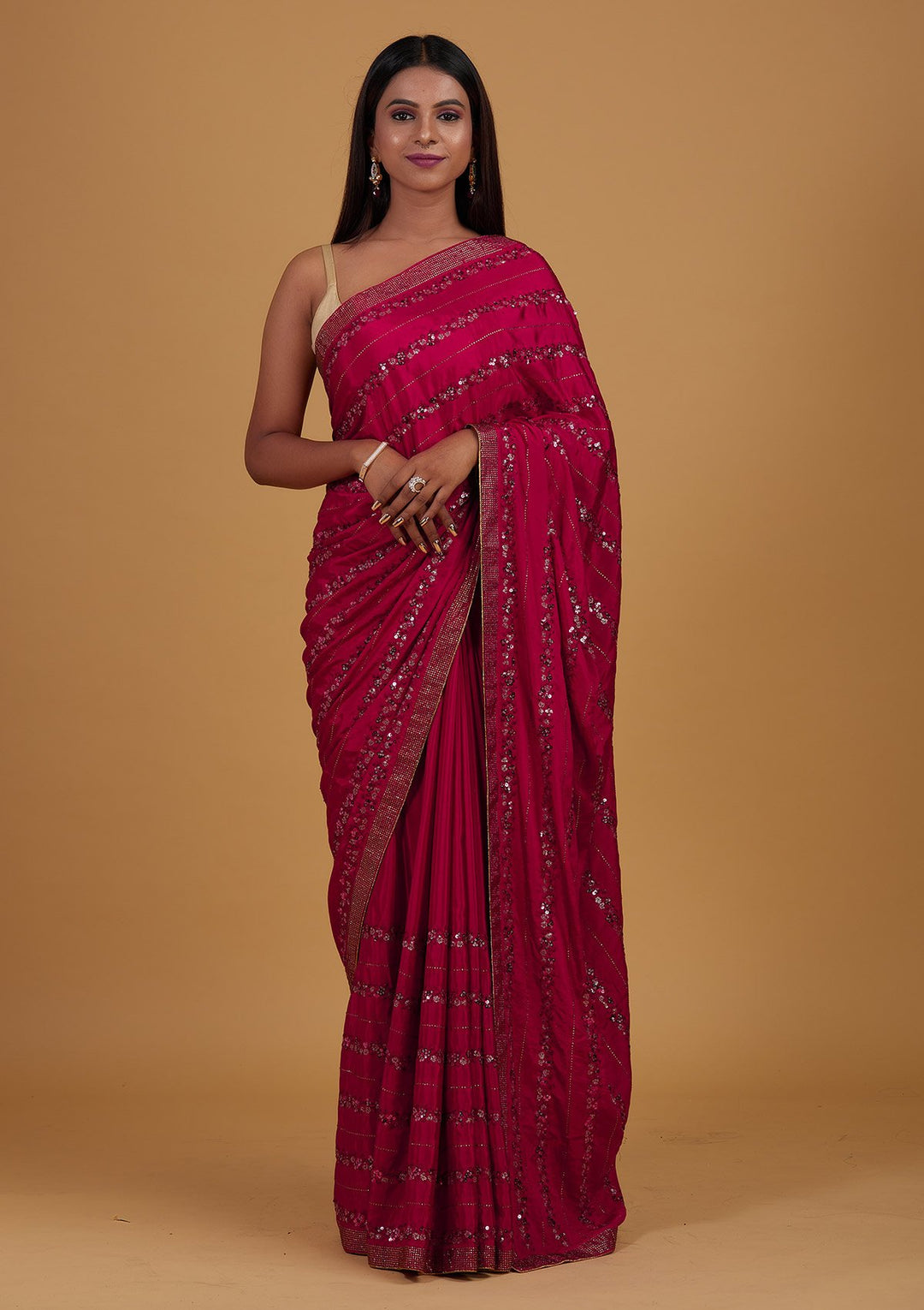 Rani Pink Swarovski Semi Crepe Designer Saree - Koskii