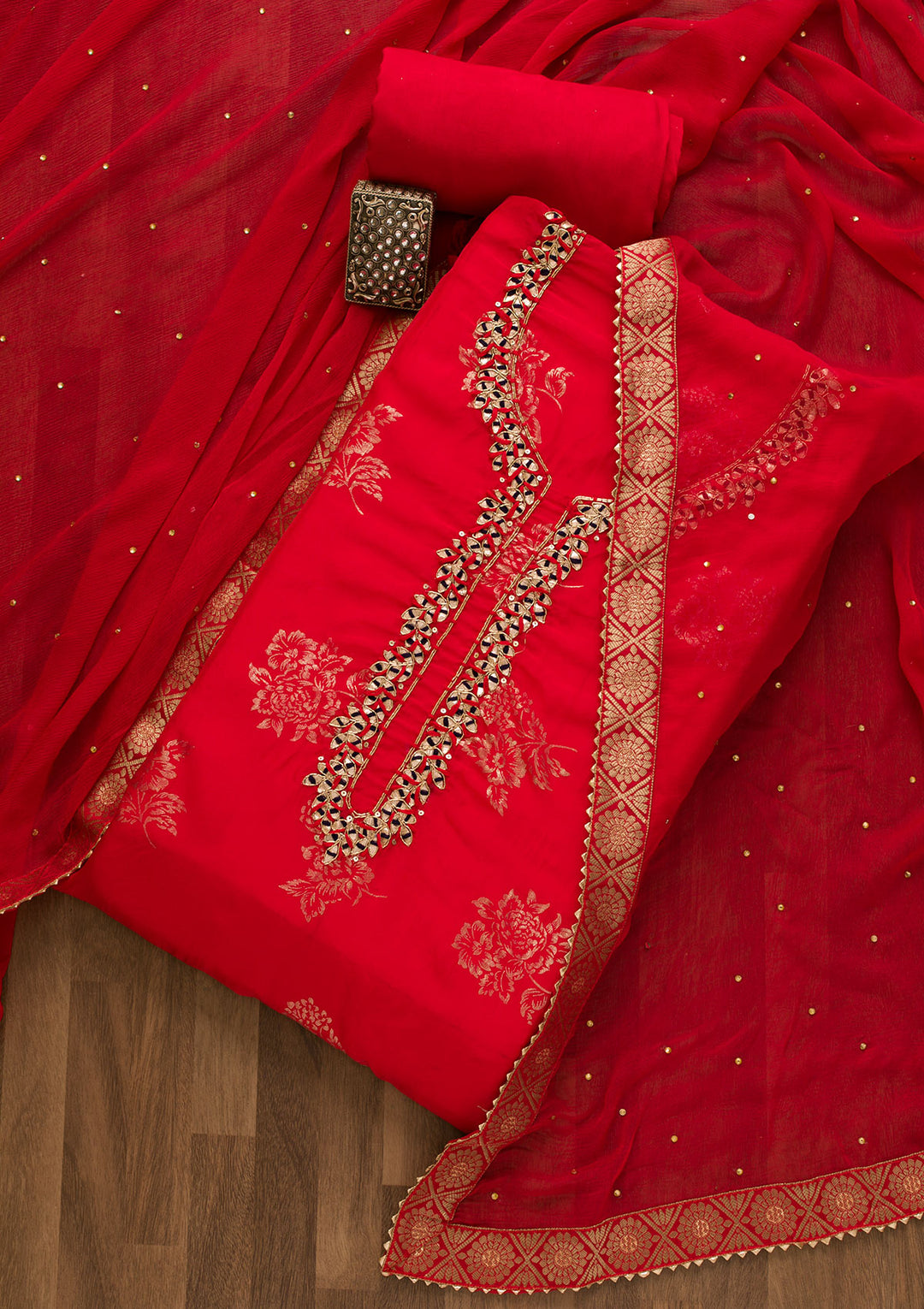 Red Gotapatti Organza Unstitched Salwar Suit-Koskii