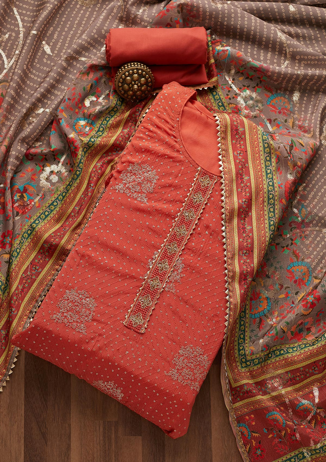 Rust Zariwork Chanderi Unstitched Salwar Suit-Koskii