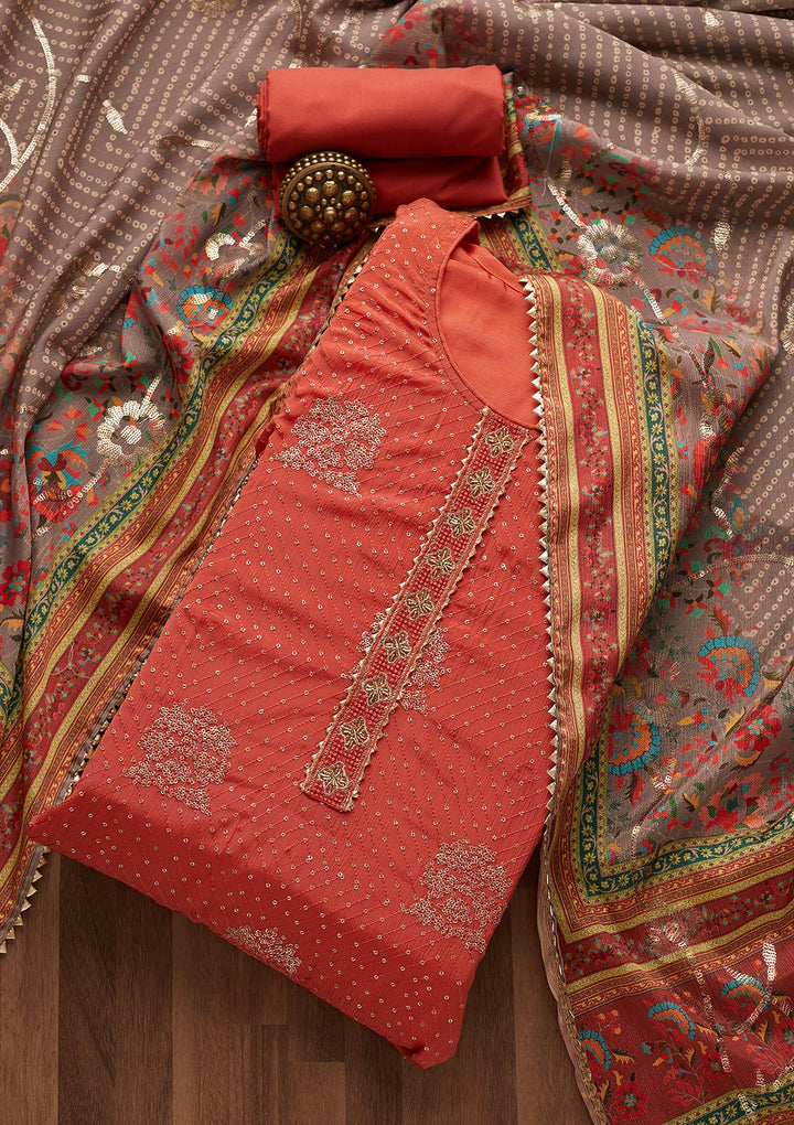 Rust Zariwork Chanderi Unstitched Salwar Suit-Koskii