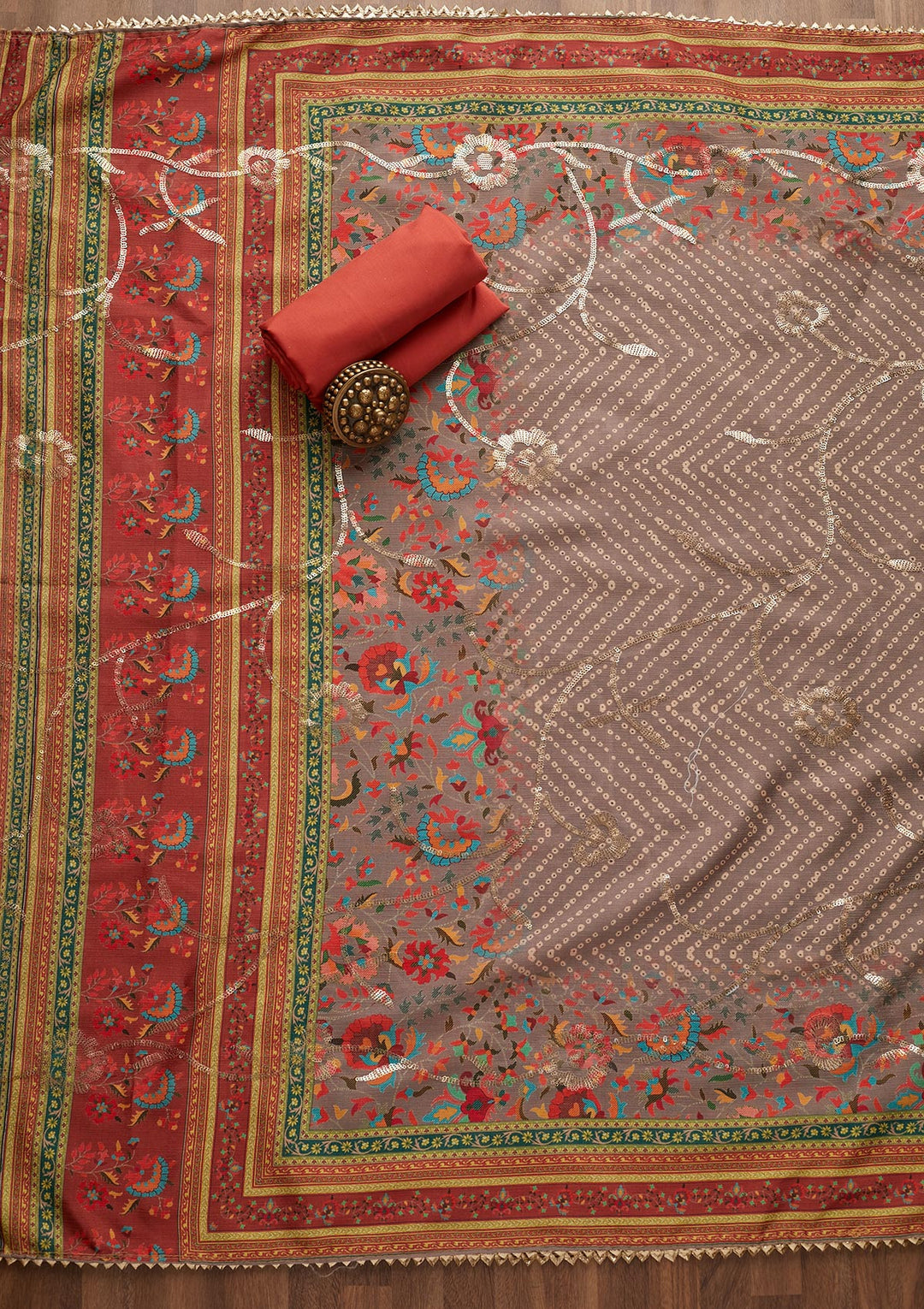 Rust Zariwork Chanderi Unstitched Salwar Suit-Koskii